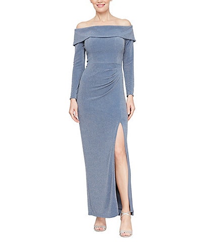 Alex Evenings Off-The-Shoulder 3/4 Sleeve Metallic Knit Dress