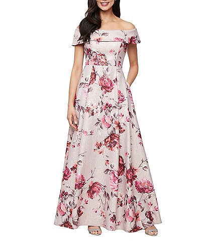 Alex Evenings Off-the-Shoulder Floral Print Jacquard Ball Gown