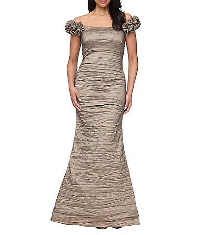 Alex Evenings Off The Shoulder Ruffle Strap Crinkle Stretch Taffeta Long Dress