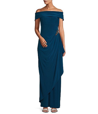 Alex Evenings Off-the-Shoulder Short Sleeve Stretch Matte Jersey Ruched Gown