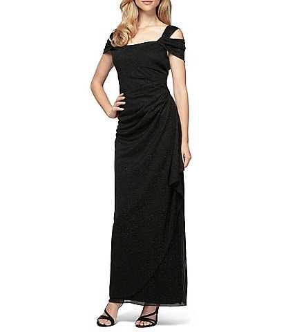 Alex Evenings Petite Size Cowl Square Neck Cap Sleeve Cold Shoulder Ruched Side Glitter Mesh Gown
