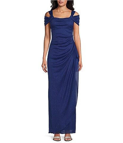 Alex Evenings Petite Size Cowl Square Neck Cap Sleeve Cold Shoulder Ruched Side Glitter Mesh Gown