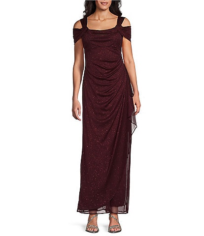 Alex Evenings Petite Size Cowl Square Neck Cap Sleeve Cold Shoulder Ruched Side Glitter Mesh Gown