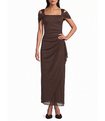 Alex Evenings Petite Size Cowl Square Neck Cap Sleeve Cold Shoulder Ruched Side Glitter Mesh Gown