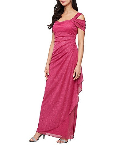 Alex Evenings Petite Size Cowl Square Neck Cap Sleeve Cold Shoulder Ruched Side Glitter Mesh Gown