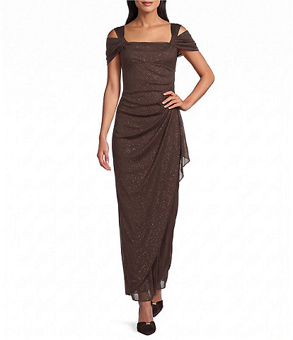 Alex Evenings Petite Size Cowl Square Neck Cap Sleeve Cold Shoulder Ruched Side Glitter Mesh Gown