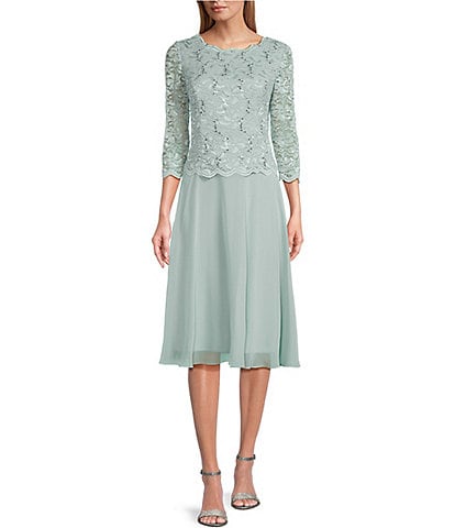 Alex Evenings Petite Size Scalloped Round Neck Sequin Lace Bodice 3/4 Sleeve Chiffon Skirted Tea Length Dress