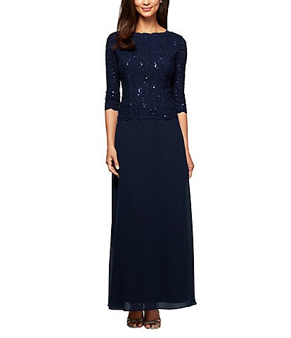 Alex Evenings Petite Size Sequined Lace Bodice Crew Neck 3/4 Sleeve Chiffon Skirted Gown