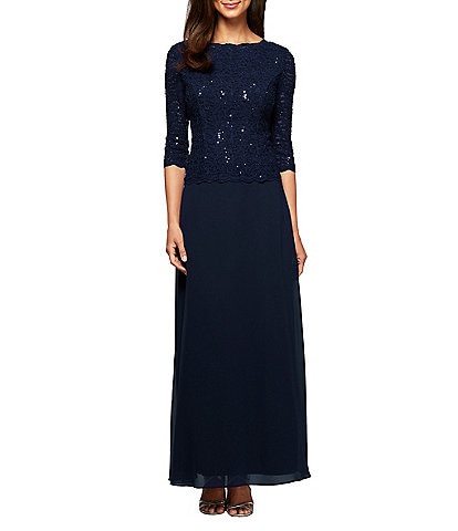 Alex Evenings Petite Size Sequined Lace Bodice Crew Neck 3/4 Sleeve Chiffon Skirted Gown
