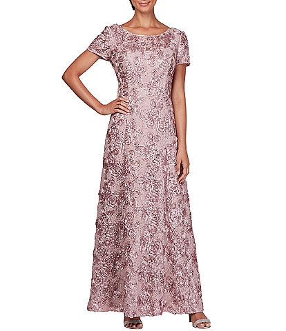 Alex Evenings Petite Size Round Neck Short Sleeve Sequined Lace Embroidered Rosette Gown