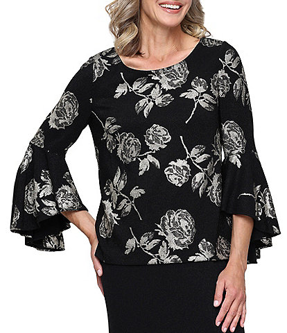Alex Evenings Petite Size 3/4 Bell Sleeve Metallic Knit Blouse