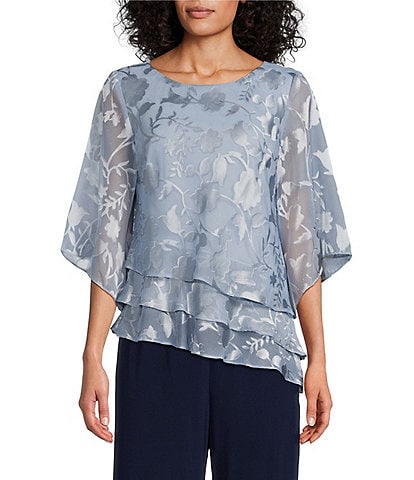 Alex Evenings Petite Size 3/4 Illusion Sleeve Crew Neck Asymmetrical Triple Tier Hem Printed Chiffon Blouse