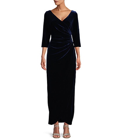 Alex Evenings Petite Size 3/4 Sleeve Surplice V-Neck Tulip Hem Velvet Gown