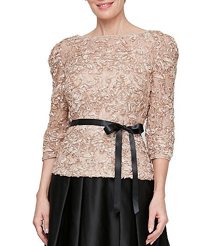 Alex Evenings Petite Size Boat Neck 3/4 Sleeve Fitted Lace Soutache Blouse