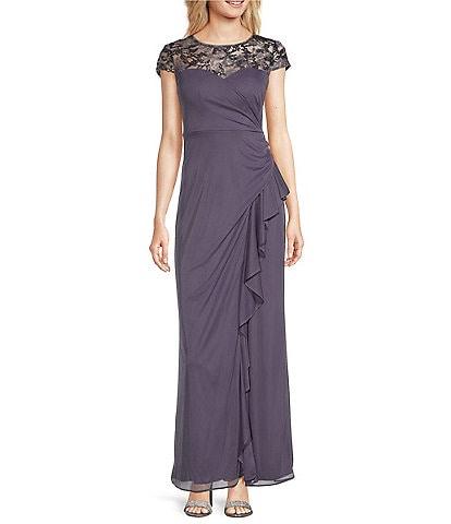 Alex Evenings Petite Size Cap Sleeve Embroidered Sweetheart Illusion Neck Cascade Ruffle Gown