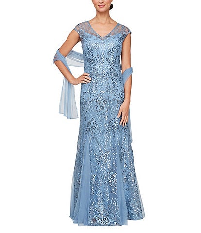 Alex Evenings Petite Size Cap Sleeve V-Neck Godet Skirt Embroidered Tulle Gown With Shawl