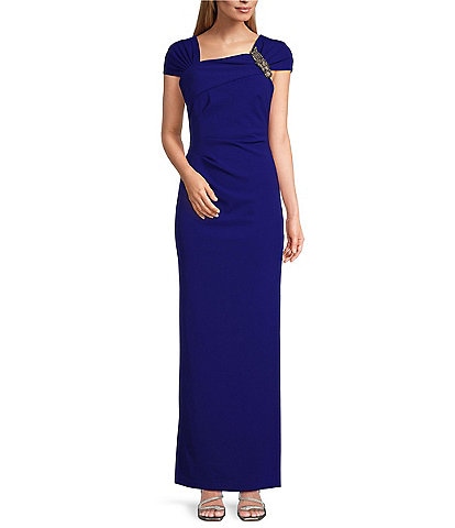 Alex Evenings Petite Size Crepe Asymmetric Embellished Neck Cap Sleeve Sheath Dress