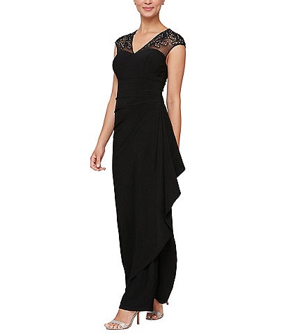 Alex Evenings Petite Size Embellished Embroidered Illusion V-Neck Cap Sleeve Cascade Ruffle Sheath Dress