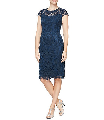 Alex Evenings Petite Size Round Neck Cap Sleeve Embroidered Stretch Tulle Sheath Dress