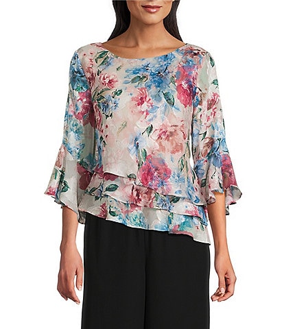Alex Evenings Petite Size Floral 3/4 Bell Sleeve Chiffon Burnout Blouse