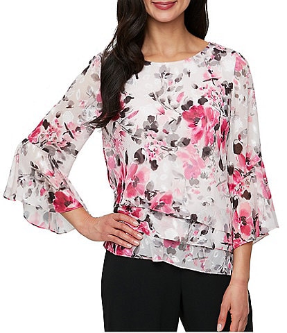 Alex Evenings Petite Size Floral Print 3/4 Sleeve Blouse