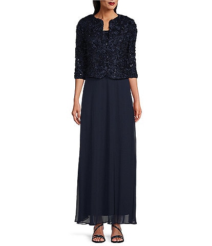 Alex Evenings Petite Size Lace Scoop Neck 3/4 Sleeve Empire Waist Open Soutache 2-Piece Jacket Dress