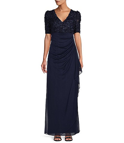 Alex Evenings Petite Size Lace Soutache Bodice V-Neck Short Sleeve Cascade Ruffle Empire Waist Dress