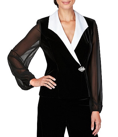 Alex Evenings Petite Size Long Sleeve Collared Side Button Velvet Blouse