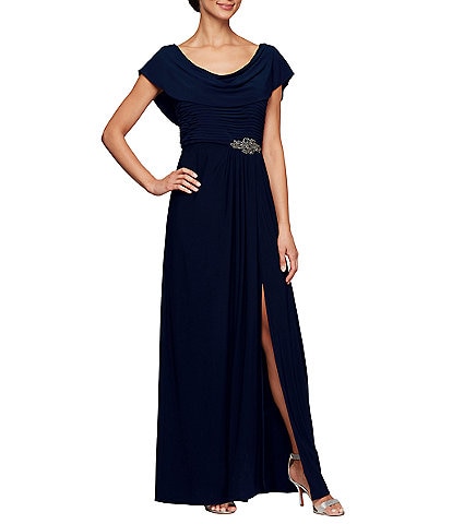 Alex Evenings Petite Size Matte Jersey Cowl Neck Pleated Embellished Waist High Slit Gown
