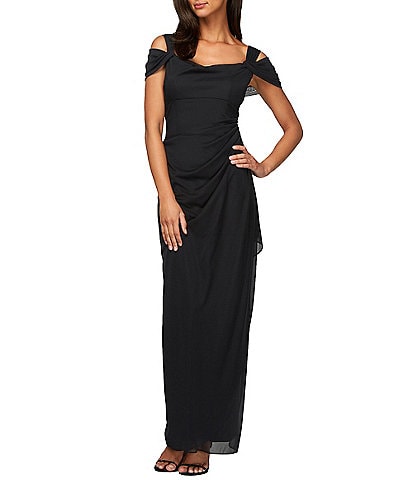 Alex Evenings Petite Size Mesh Cowl Neck Cap Sleeves Cold Shoulder Sheath Dress