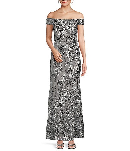 Alex Evenings Petite Size Off-the-Shoulder Cap Sleeve Embroidered Sequin Gown