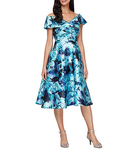 Alex Evenings Petite Size Off-the-Shoulder Printed Mikado A-Line Dress