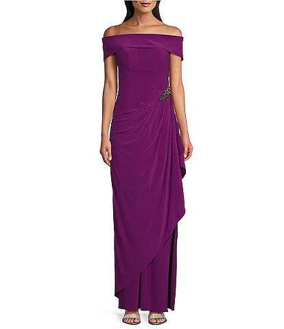 Alex Evenings Petite Size Off-the-Shoulder Short Sleeve Stretch Matte Jersey Ruched Gown