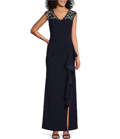 Alex Evenings Petite Size Sleeveless Embroidered Illusion V-Neck Cascade Ruffle Gown