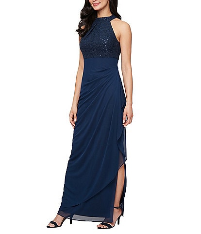 Alex Evenings Petite Size Sleeveless Halter Neck Faux Wrap Mesh Ruffle Lace Gown