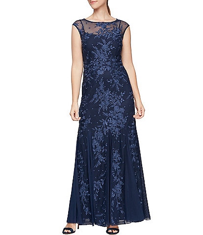 Alex Evenings Petite Size Cap Sleeves Illusion Boat Neck Godet Skirt Floral Embroidered Tulle Gown