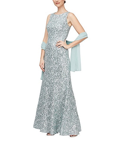 Alex Evenings Petite Size Sleeveless Round Neck Shawl Lace Fit and Flare Gown