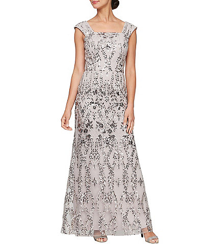 Alex Evenings Petite Size Sleeveless Square Neck Embroidered Gown