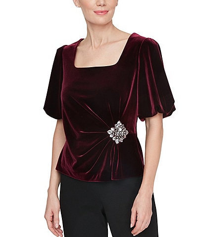 Alex Evenings Petite Size Square Neck Short Puff Sleeve Embellished Waist Stretch Velvet Top