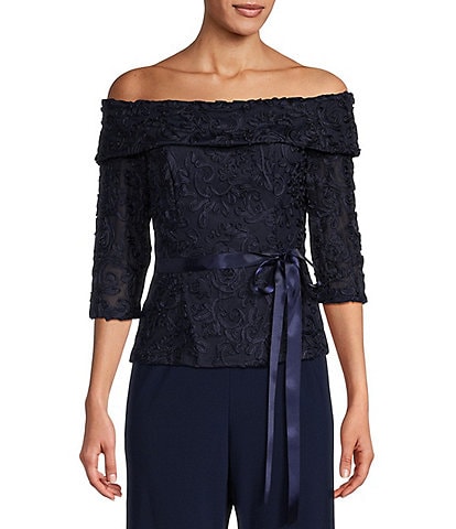 Alex Evenings Petite Size Stretch Tulle 3/4 Sleeve Off-The-Shoulder 3/4 Sleeve Tie Belt Blouse