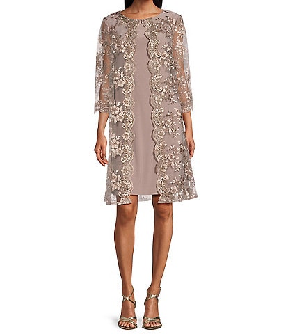 Alex Evenings Petite Size Stretch Tulle 3/4 Sleeve Scoop Neck Embroidered Scallop Jacket Dress