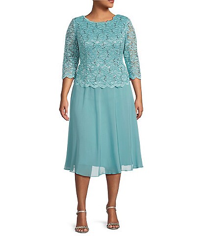 Alex Evenings Plus Size Sequin Lace 3/4 Illusion Sleeve Scallop Round Neck Bodice Chiffon Skirted Midi Dress