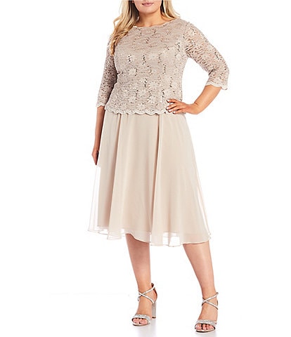 Alex Evenings Plus Size Sequin Lace 3/4 Illusion Sleeve Scallop Round Neck Bodice Chiffon Skirted Dress