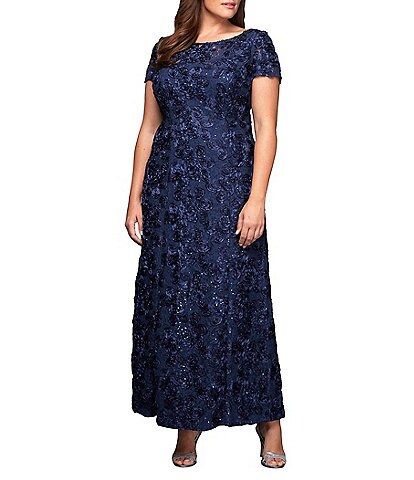 Alex Evenings Plus Size Crew Neck Floral Rosette Short Sleeve A-Line Gown