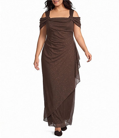 Alex Evenings Plus Size Cold Shoulder Cowl Neck Cap Sleeve Glitter Mesh Gown