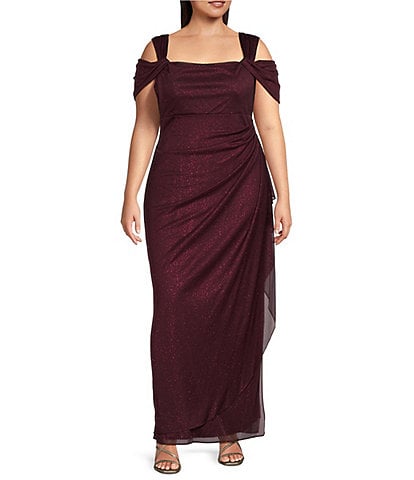 Alex Evenings Plus Size Cold Shoulder Cowl Neck Cap Sleeve Glitter Mesh Gown