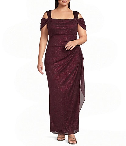 Alex Evenings Plus Size Cold Shoulder Cowl Neck Cap Sleeve Glitter Mesh Gown