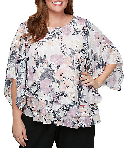 Alex Evenings Plus Floral Print Asymmetric Blouse
