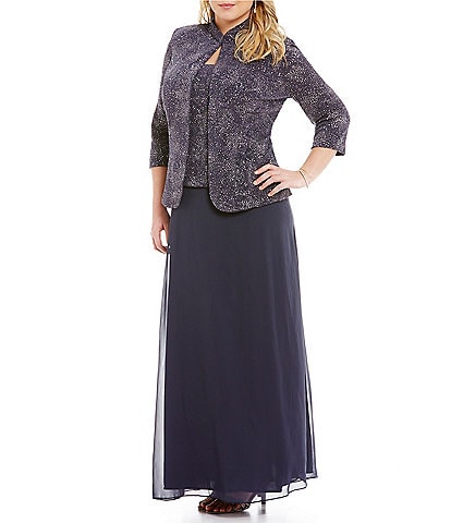 Alex Evenings Plus Size Scoop Neck 3/4 Sleeve Jacquard Glitter Embellished Chiffon Skirted 2-Piece Jacket Dress