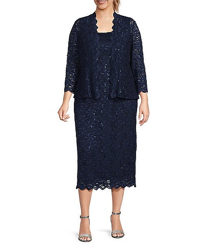 Alex Evenings Plus Size Scoop Neck 3/4 Sleeve Sequined Lace Tea-Length 2-Piece Jacket Dress